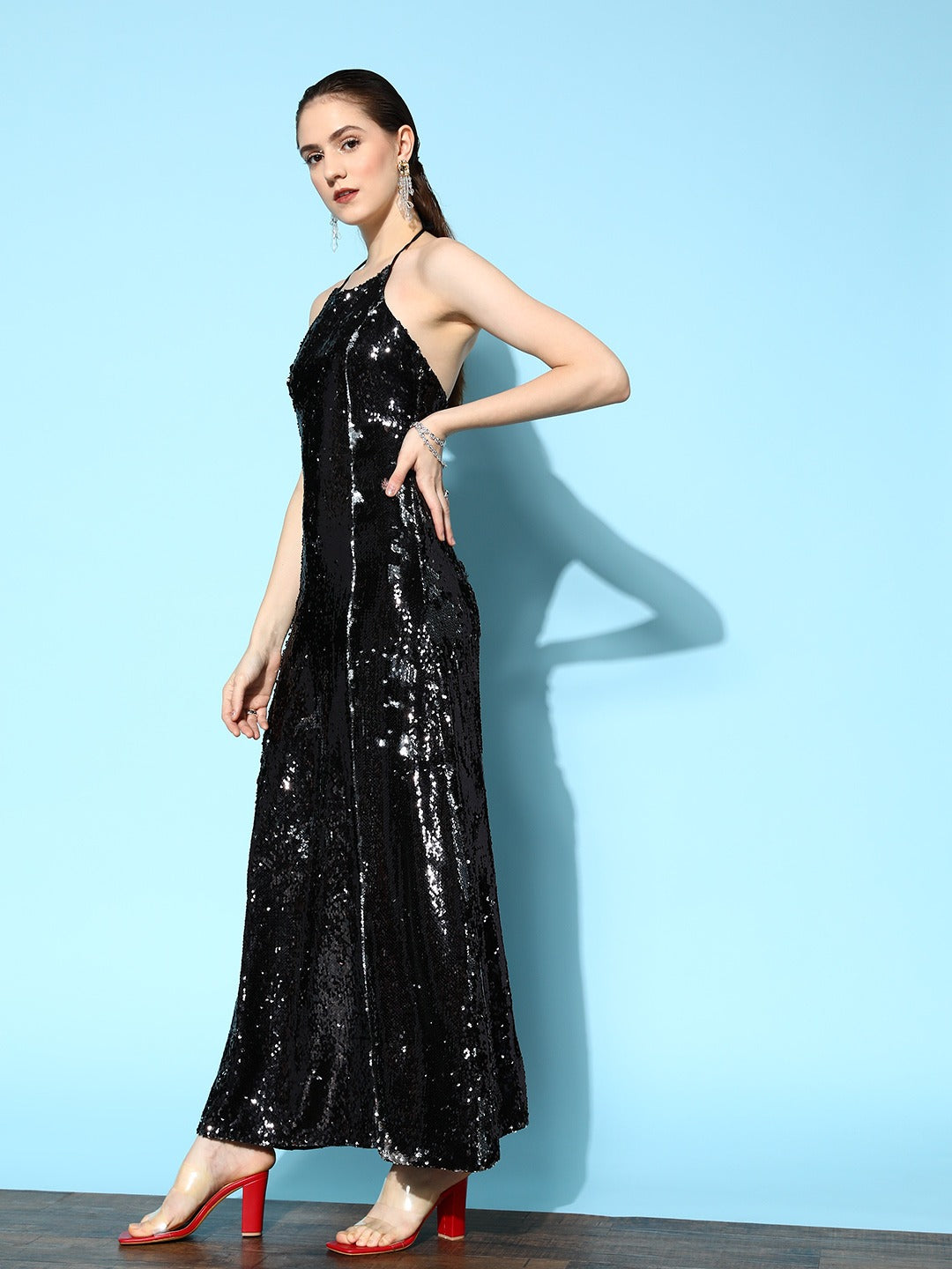 Women Black Solid Halter Neck Sleeveless A-Line Maxi Dress Women Black Solid Halter Neck Sleeveless A-Line Maxi Dress