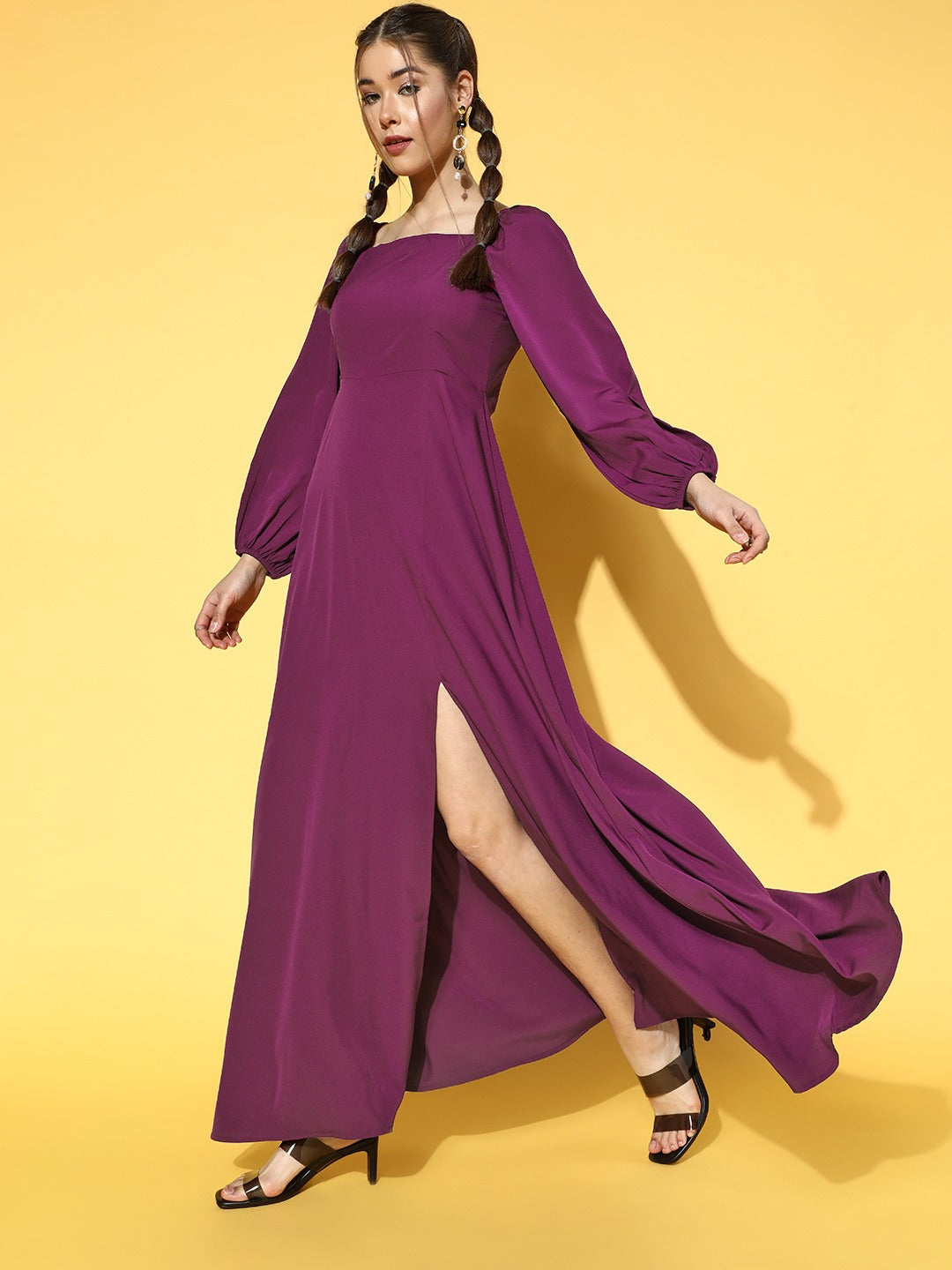 Berrylush Women Solid Purple Square Neck Puff Sleeves Crepe Flared Maxi Dress