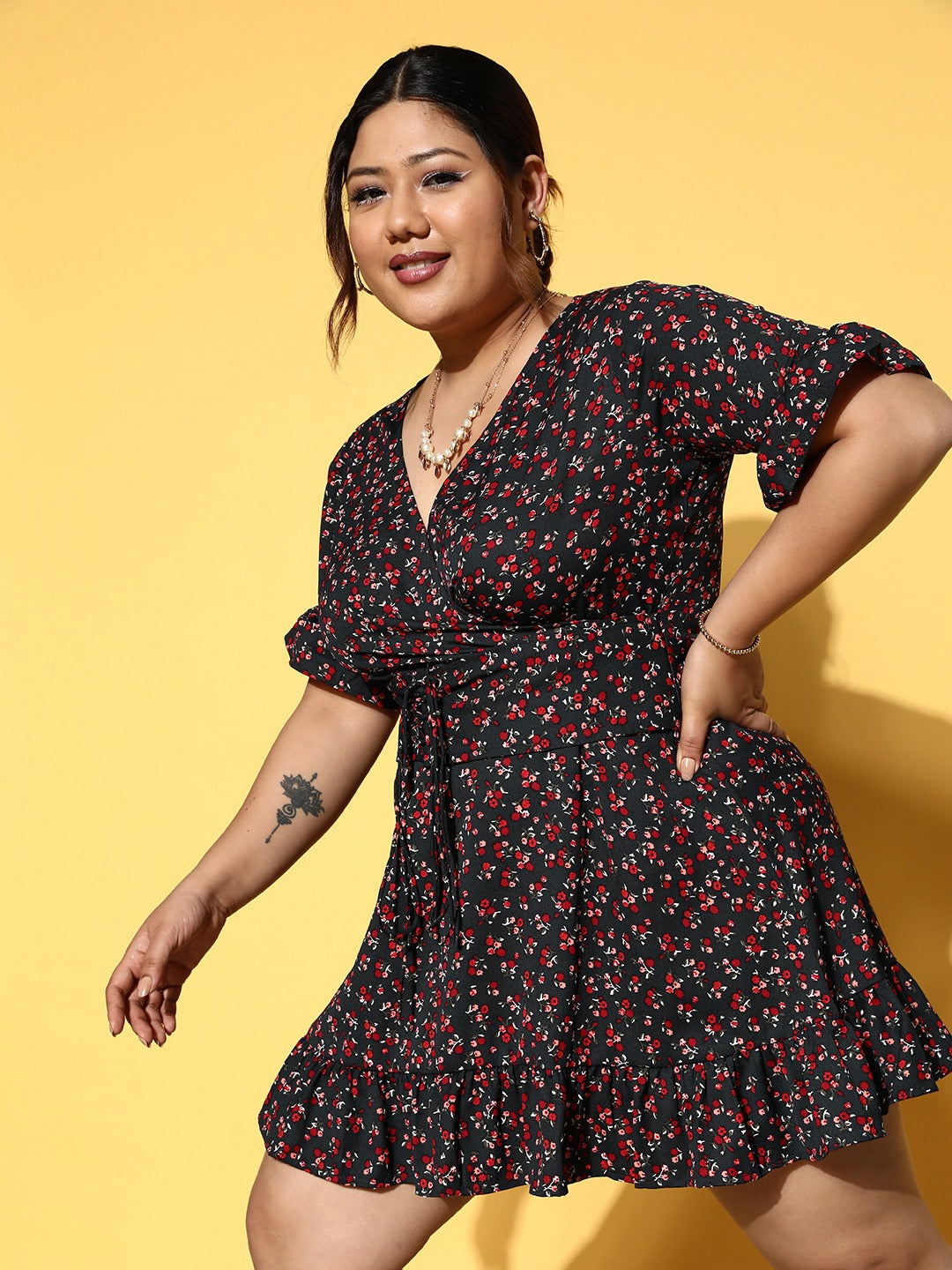 Women Plus Size Navy Blue & Red Floral Printed V-Neck Waist Tie-Up Flounce Hem Fit & Flare Wrap Mini Dress - Berrylush Women Plus Size Navy Blue & Red Floral Printed V-Neck Waist Tie-Up Flounce Hem Fit & Flare Wrap Mini Dress - Berrylush