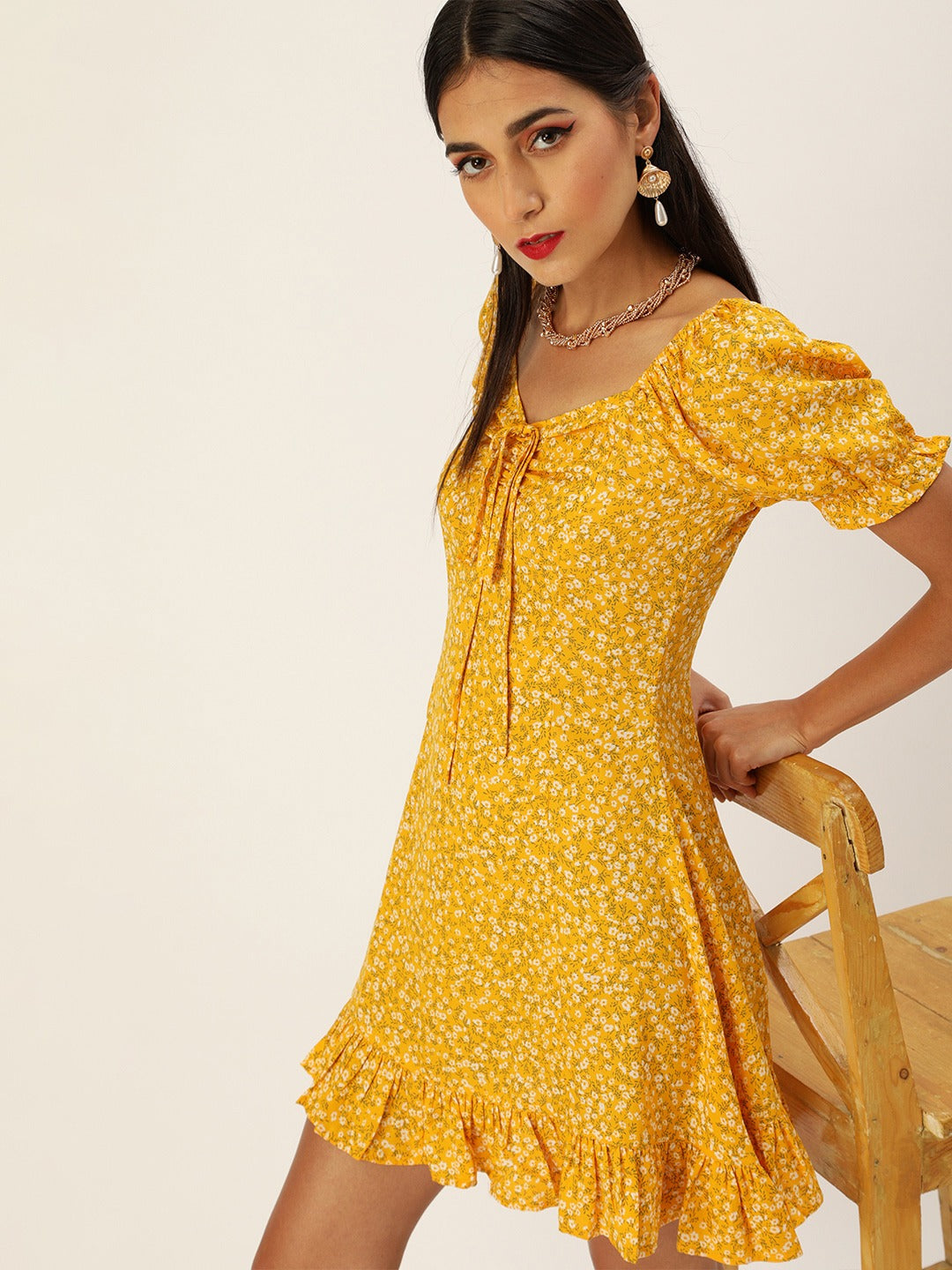 Berrylush Women Yellow Floral Print A-Line Midi Dress