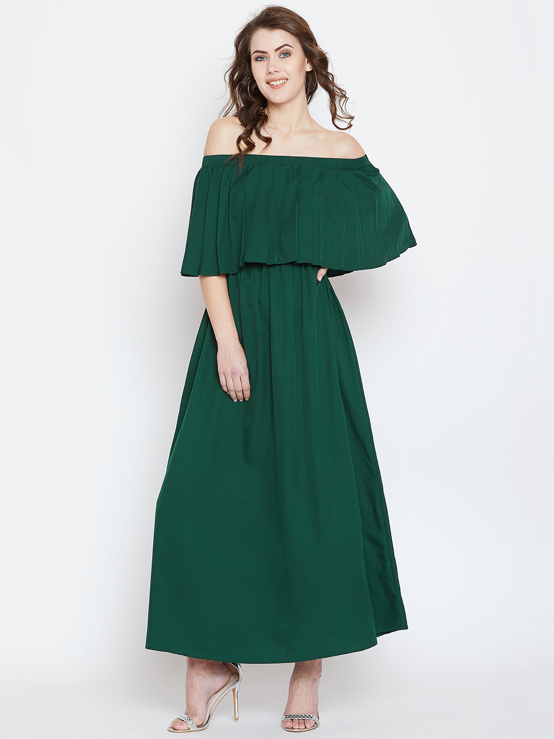 Berrylush Women Solid Green Off-Shoulder Neck Flared Sleeve Pleated Maxi Dress