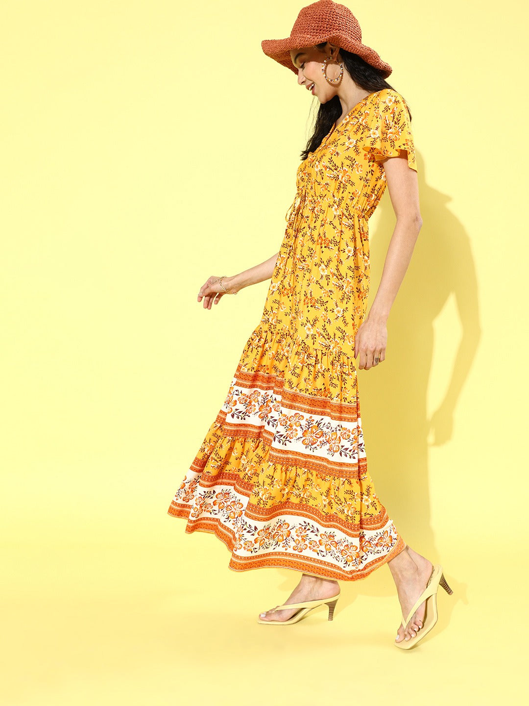 Berrylush Women Yellow Floral Printed V-Neck Grommet Lace-up Ruffled Maxi Dress