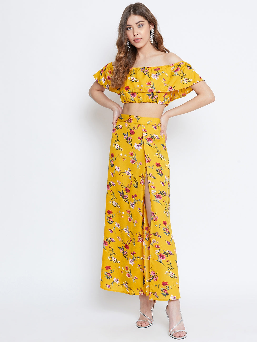 Berrylush Women Yellow Floral Printed Off-Shoulder Co-Ordinate Maxi Dress