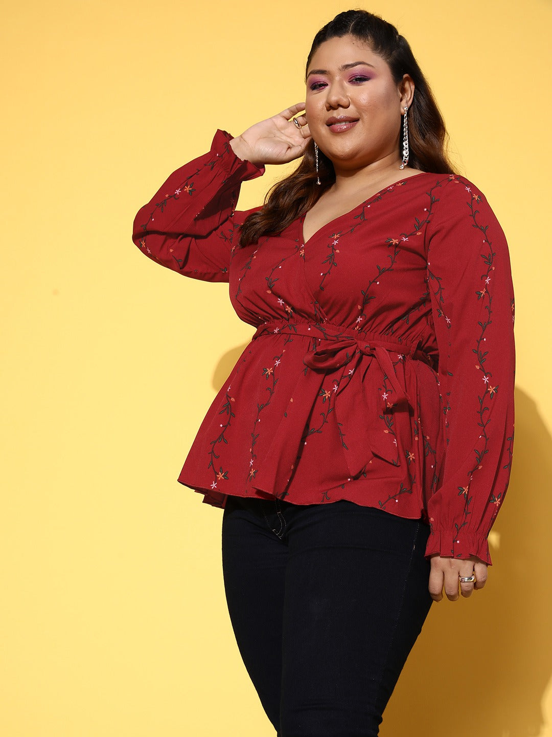 Women Plus Size Red & Green Floral Printed V-Neck Waist Tie-Up Crepe Wrap  Top - Berrylush