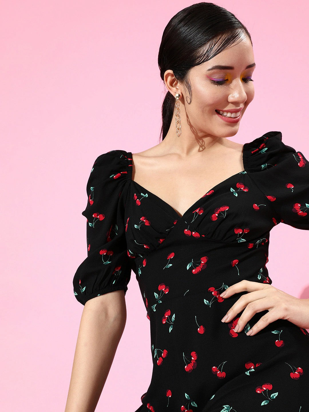 black cherry dress Cotton Blend Midi - Print, Square Neckline 3453 Black Red Cherry Halter Dress