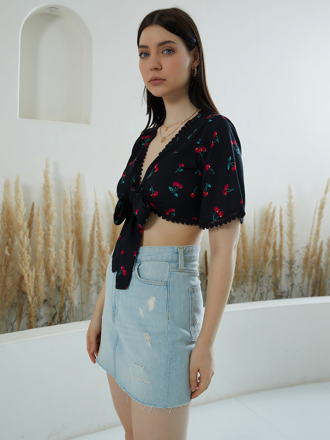 Berrylush Women Black & Red Cherry Printed V-Neck Lace Waist Tie-Up Shirt-Styled Crop Top