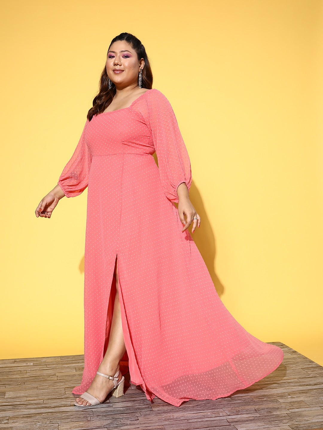 Women Plus Size Solid Dobby Weave Square Neck Thigh-High Slit Fit & Flare Maxi Dress - Berrylush