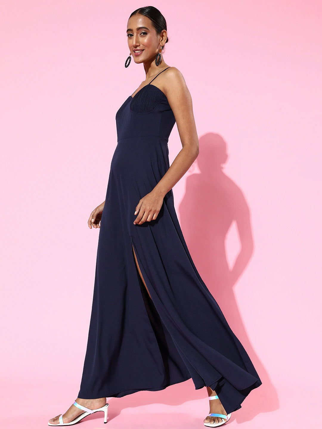 Berrylush Women Solid Navy Blue Sweetheart Neck Thigh-High Slit Flared Maxi Dress
