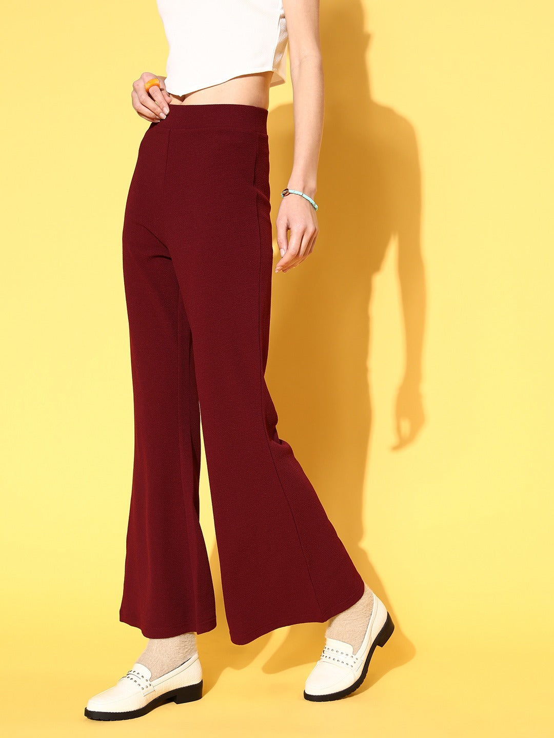 Berrylush Women Solid Maroon High-Rise Waist Slip-On Flared Regular Trousers