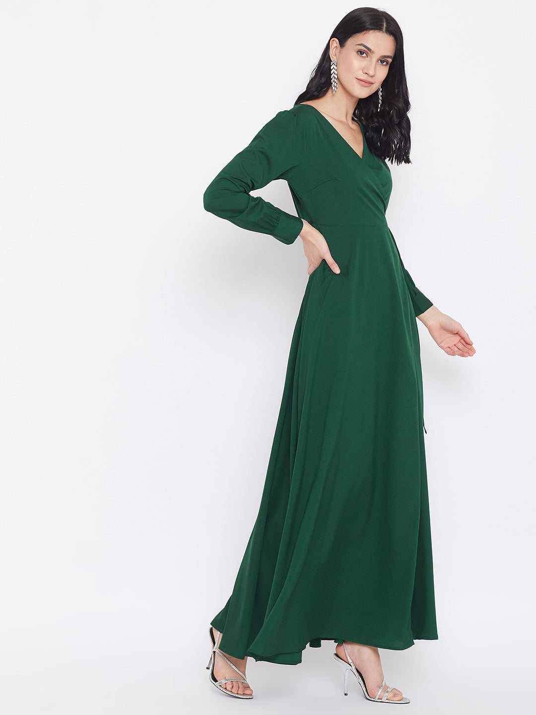 Women Solid Dark Green V-Neck Tie-Up Wrap Maxi Dress Berrylush
