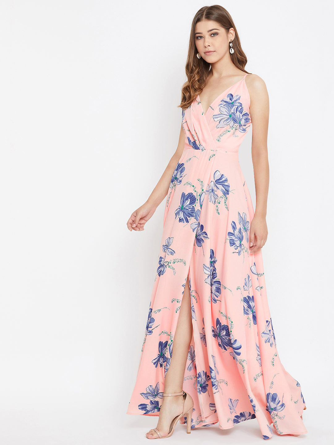 Women Pink & Blue Floral Printed V-Neck Flared Maxi Dress
