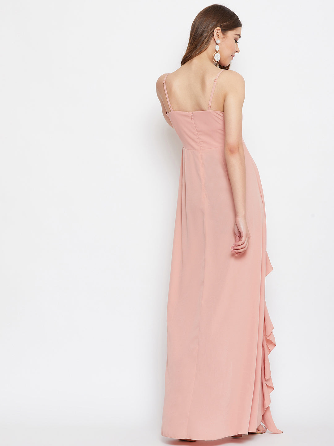 Berrylush Women Solid Pink V-Neck Front-Slit Ruffled Maxi Dress