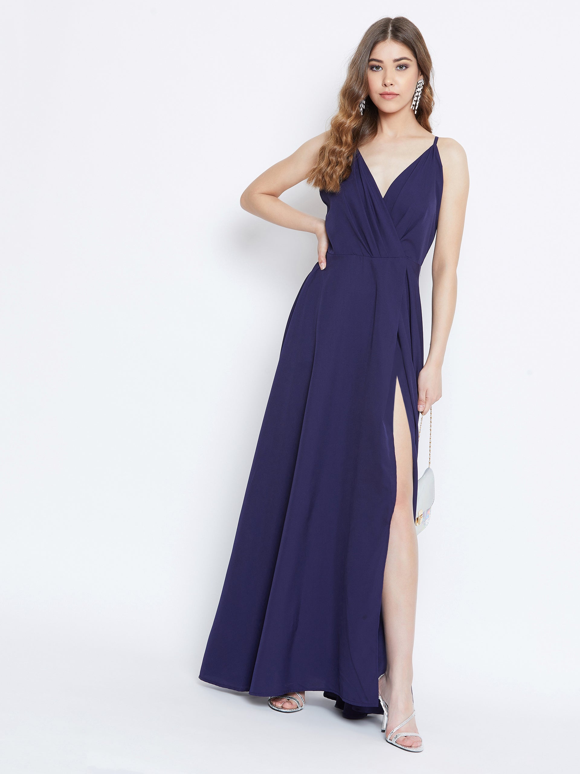 Berrylush Women Solid Navy Blue V-Neck Thigh-High Slit Fit & Flare Maxi Dress