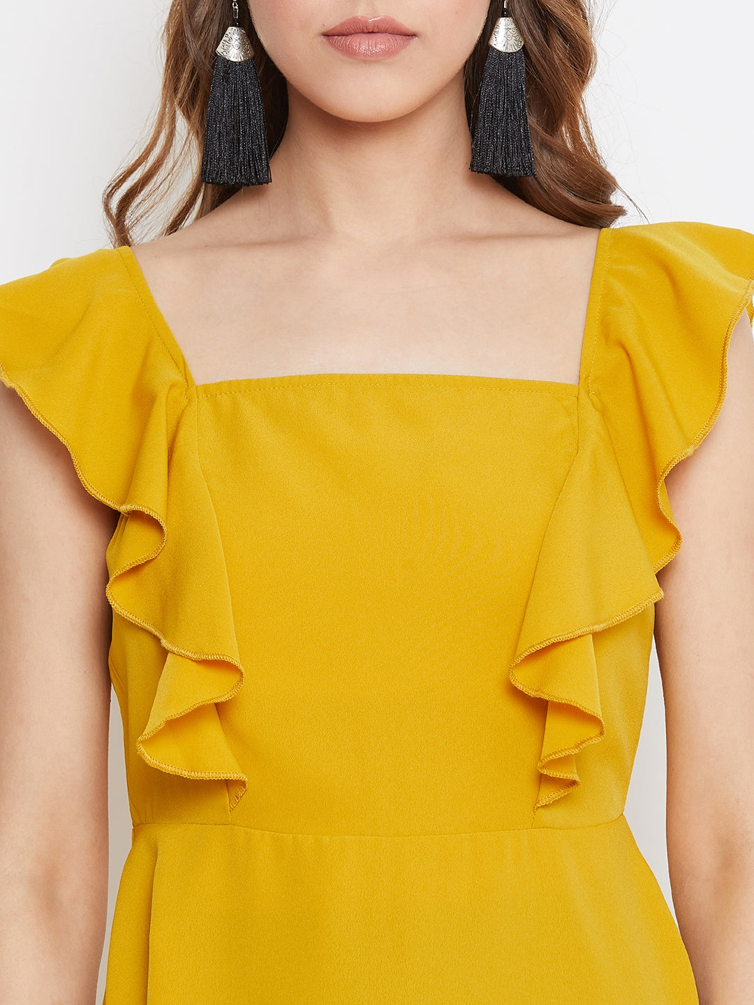 Berrylush Women Solid Mustard Yellow Sleeveless Ruffled Fit & Flare Mini Dress
