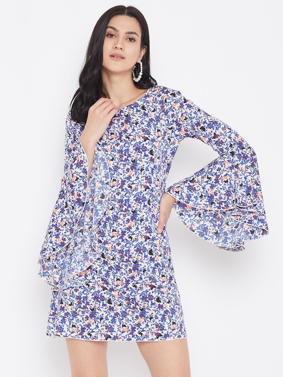 Women White & Blue Floral Printed A-Line Mini Dress - Berrylush