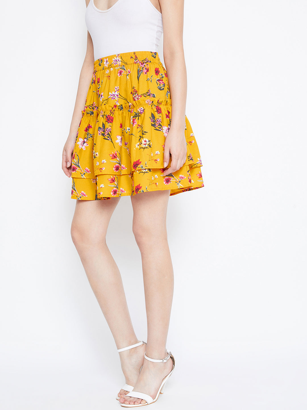 Berrylush Women Yellow Floral Print Layered Slip-On Mini Skirt