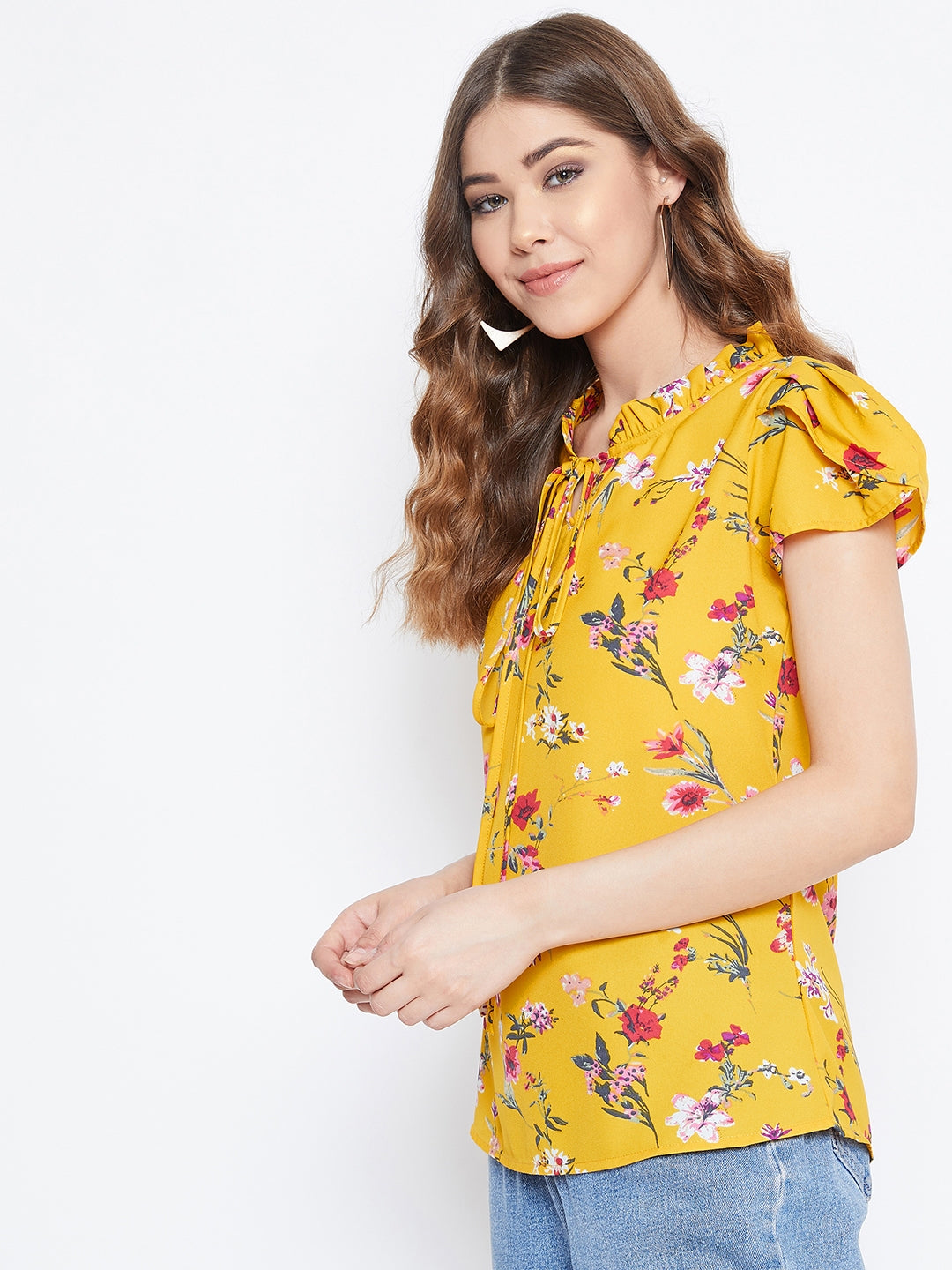 Berrylush Women Yellow Floral Printed Tie-Up Neck Top