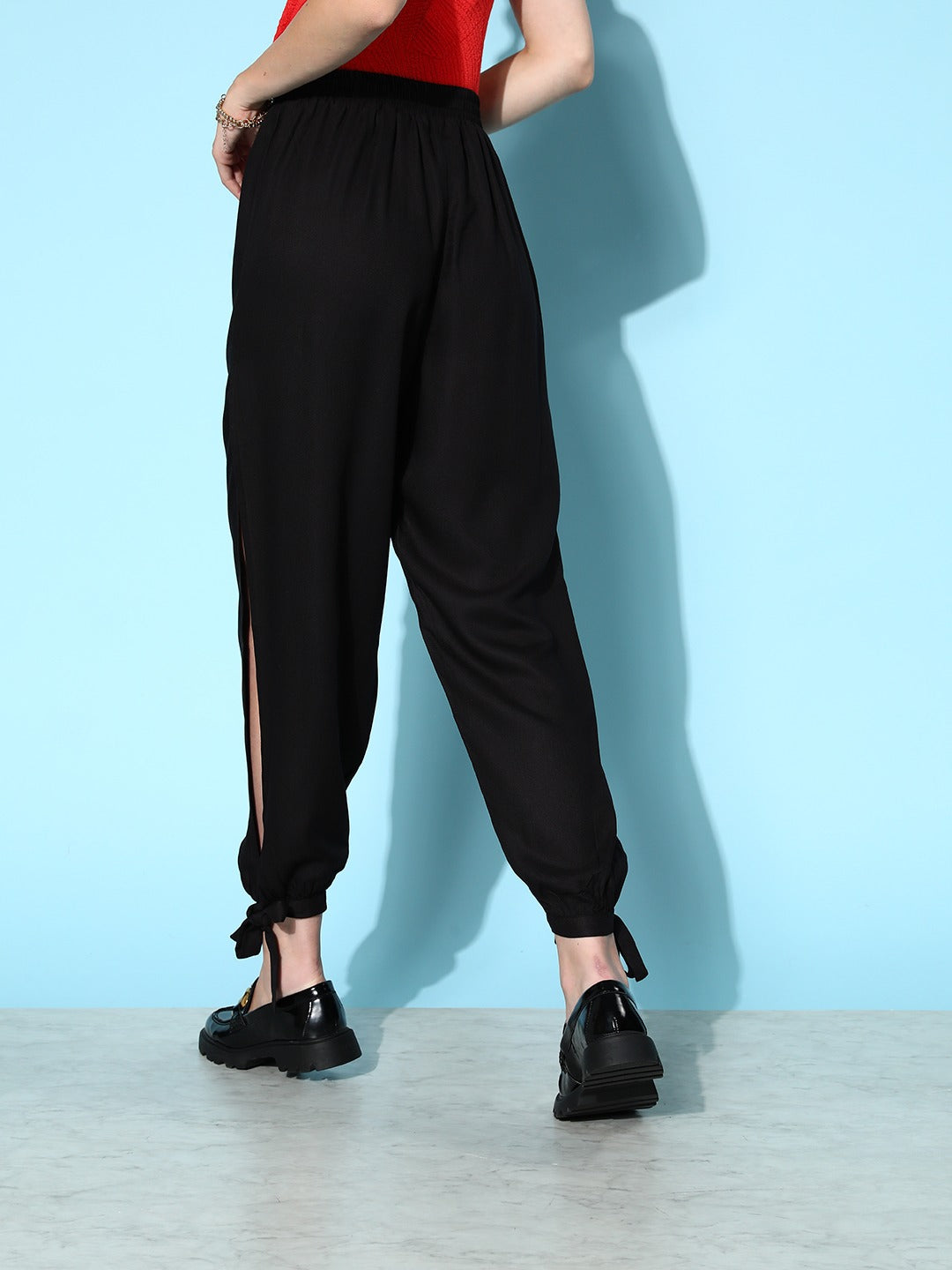 Women Solid Black HighRise Waist ThighHigh Slited Relaxed Trousers   Berrylush