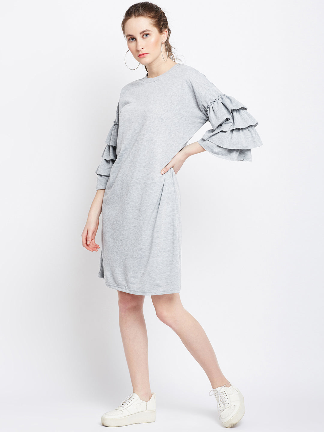Berrylush Women Solid Grey Round Neck Three-Quarter Sleeve Cotton Fit & Flare Mini Dress