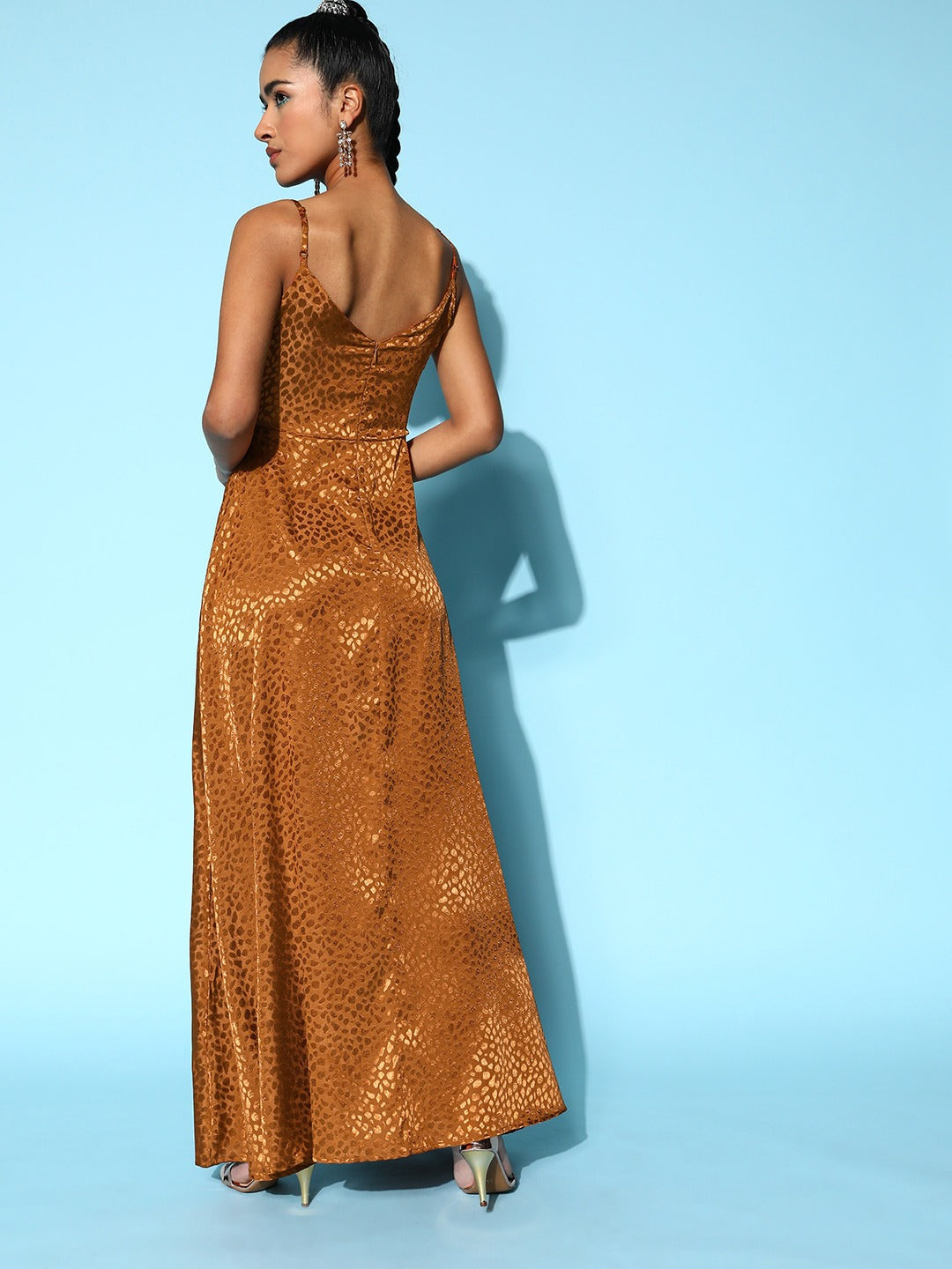 Berrylush Women Brown Abstract Printed Cowl Neck Satin Thigh-High Slit Straight Hem A-Line Maxi Dress