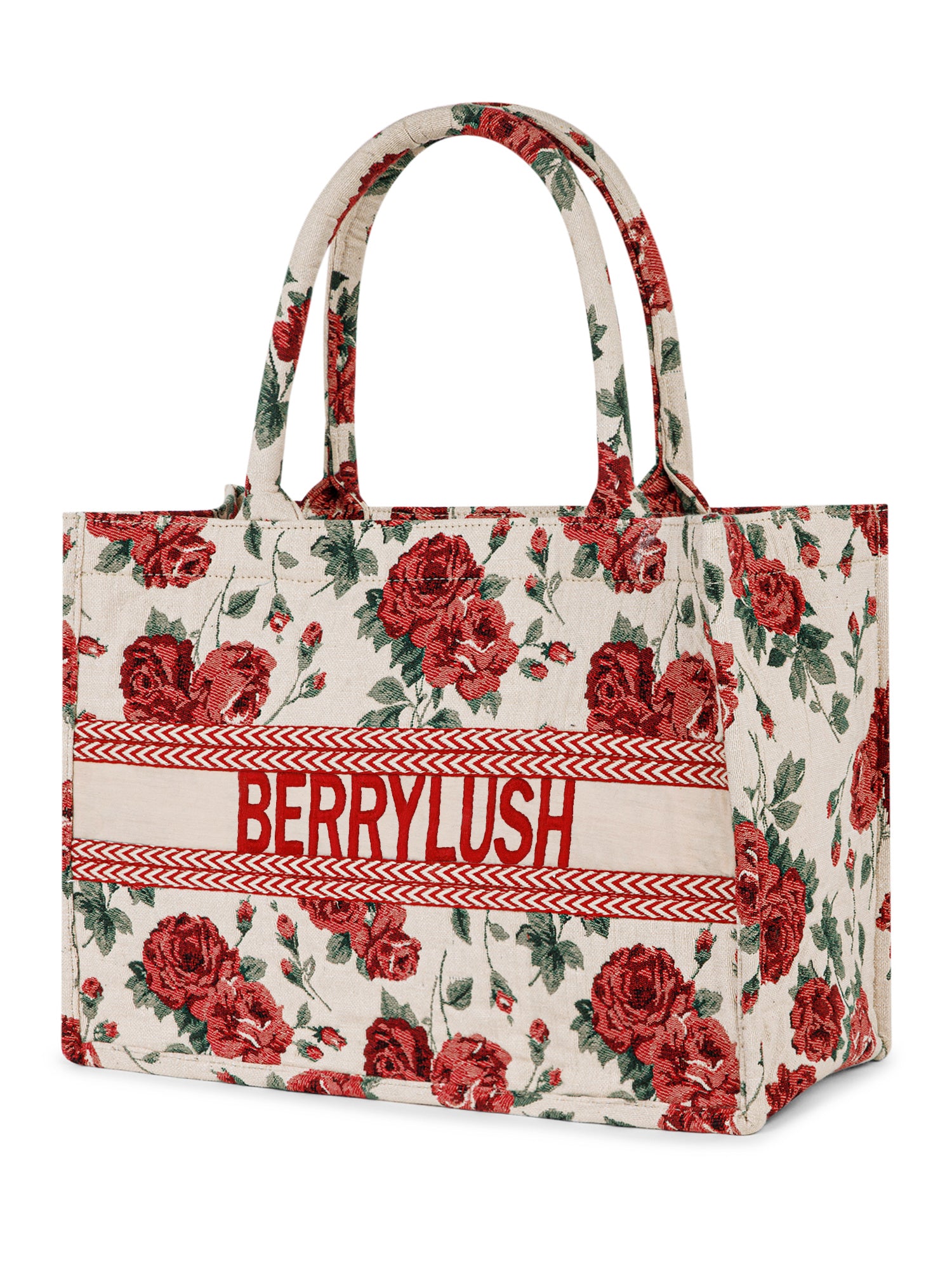 Women Beige & Red Floral Printed Polyester Zipper-Up Embroidered Tote ...
