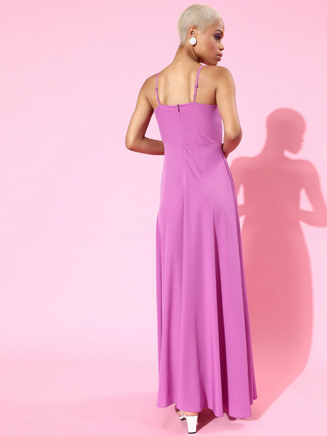 Berrylush Women Solid Purple Sweetheart Neck Thigh-High Slit Flared Maxi Dress