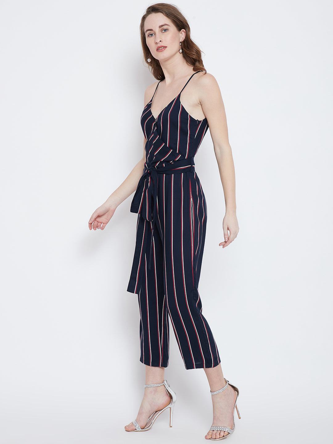 Navy Blue & Red Striped Capri Jumpsuit - Berrylush