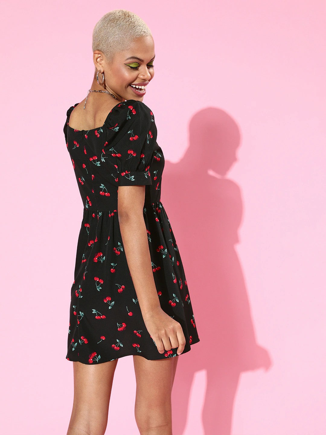 Berrylush Women Black Cherry Printed Sweetheart Neck Fit & Flare Mini Dress