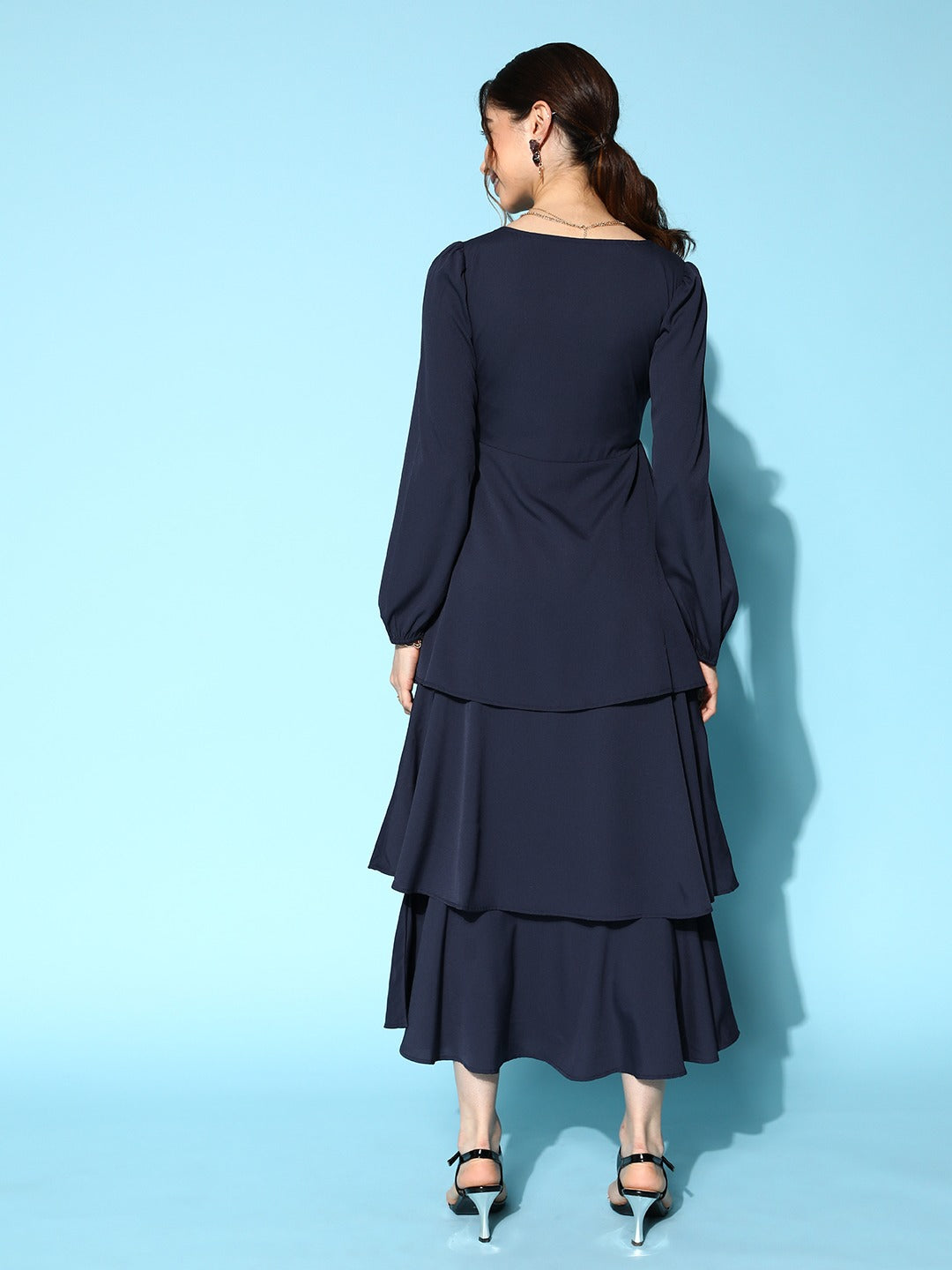 Berrylush Women Solid Navy Blue Sweetheart Neck Puff Sleeve Flounce Tiered A-Line Maxi Dress