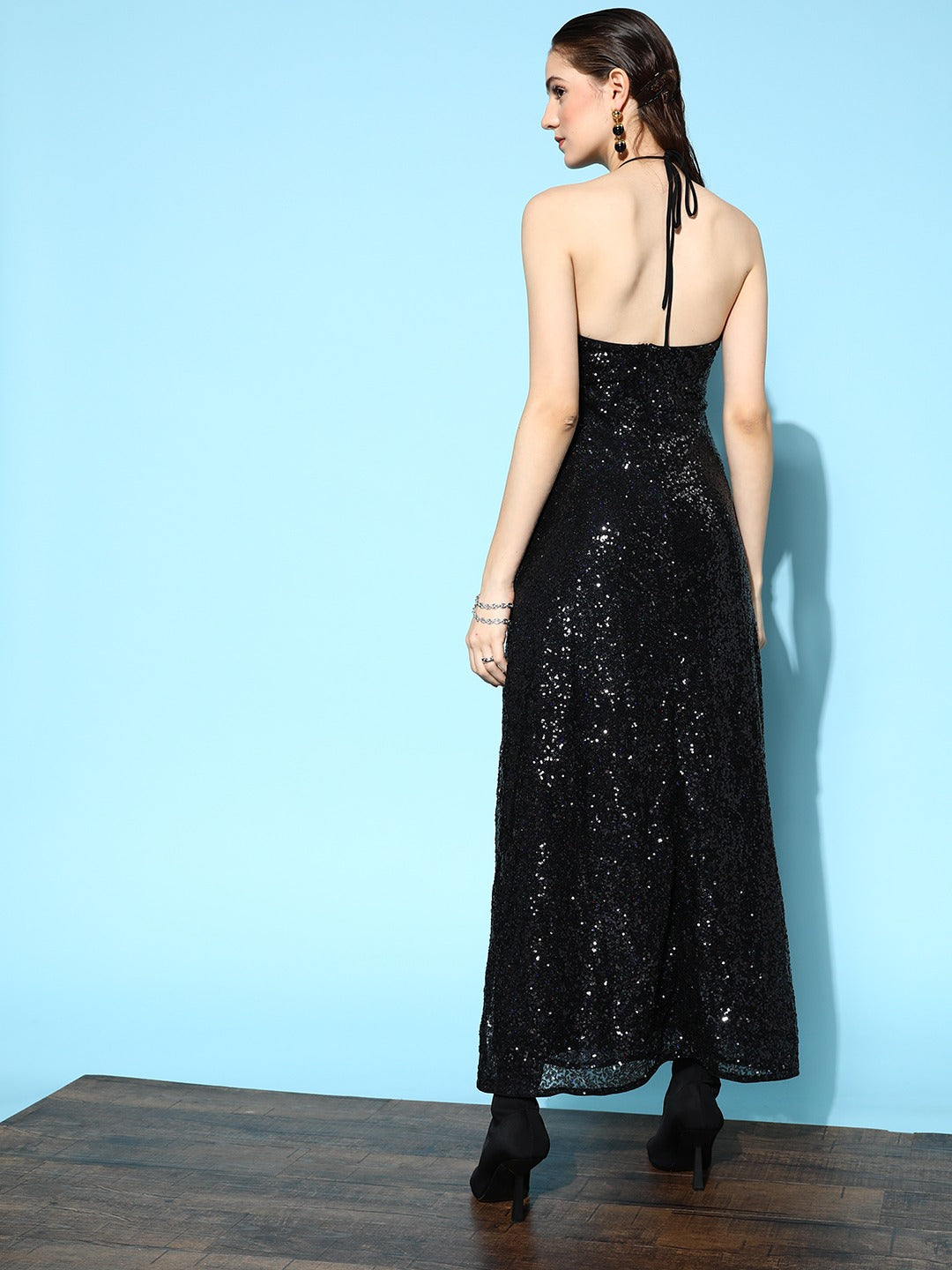 Women Black Solid Halter Neck Sleeveless A-Line Maxi Dress Women Black Solid Halter Neck Sleeveless A-Line Maxi Dress