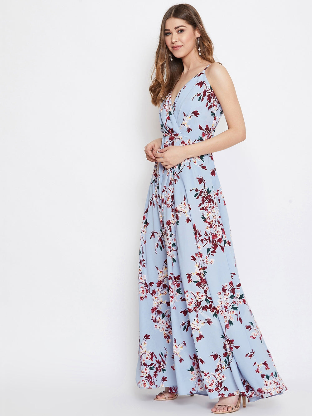 Blue Floral Sleeveless Maxi Dress Women’s  Knot Strap, Shirred Back, Flowy Fit