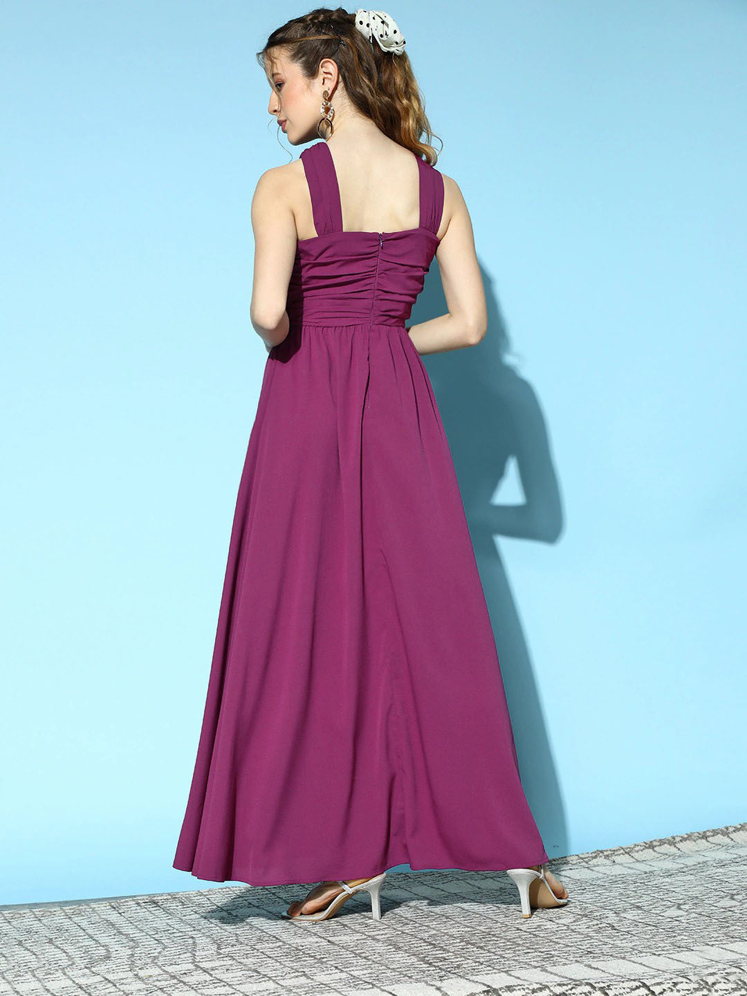 Berrylush Women Solid Purple Halter Neck Sleeveless Front Cutout Flared Maxi Dress