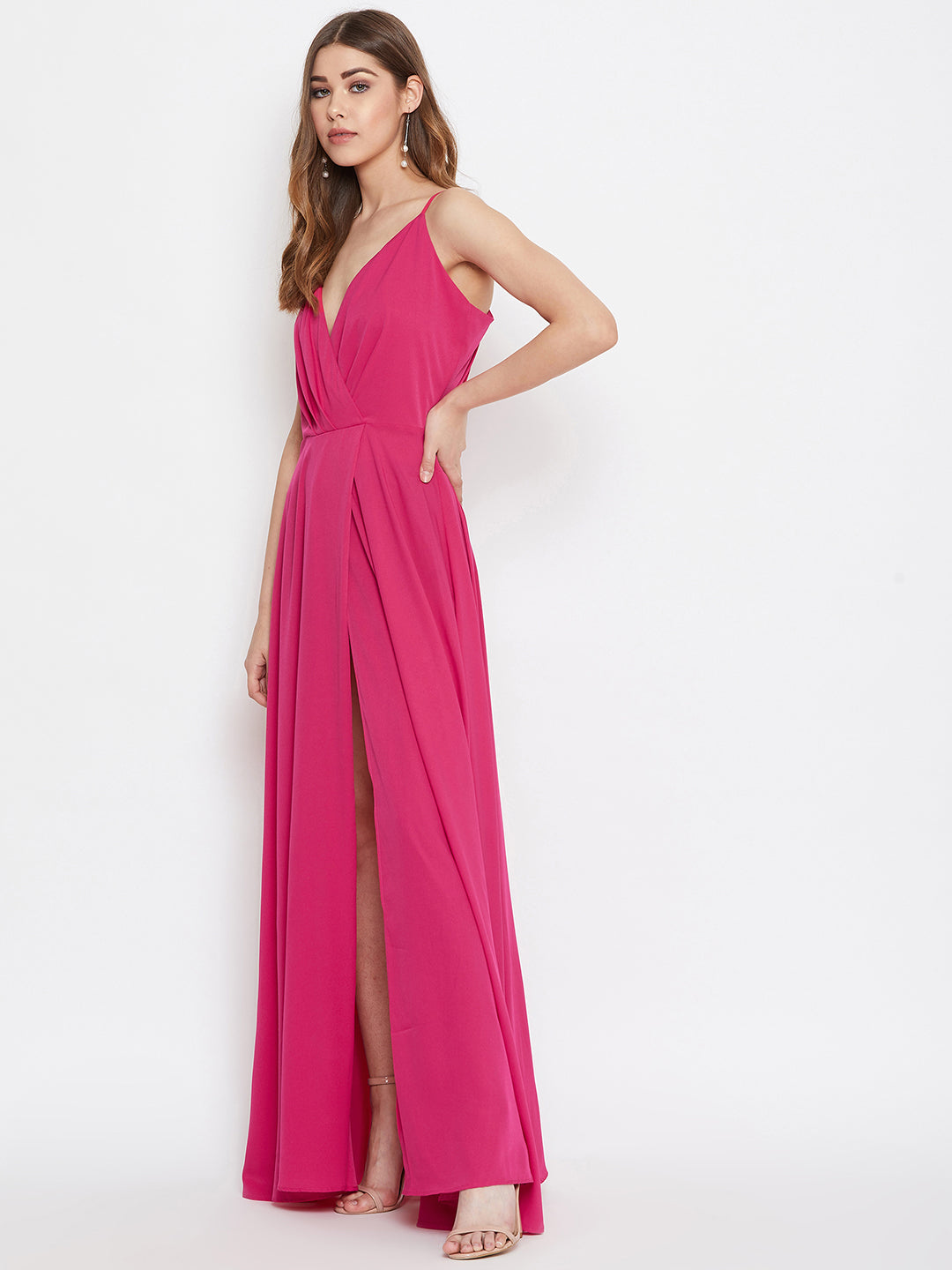 Berrylush Women Solid Pink V-Neck Sleeveless Pleated Maxi Dress
