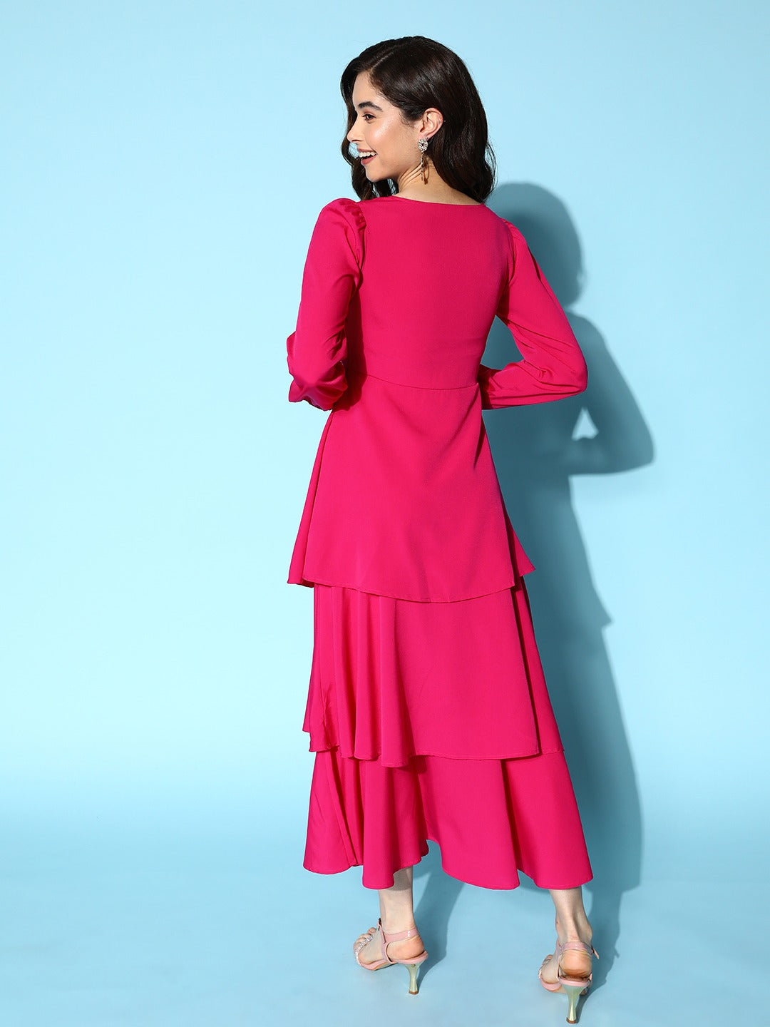 Berrylush Women Solid Dark Pink Sweetheart Neck Puff Sleeve Flounce Tiered A-Line Maxi Dress