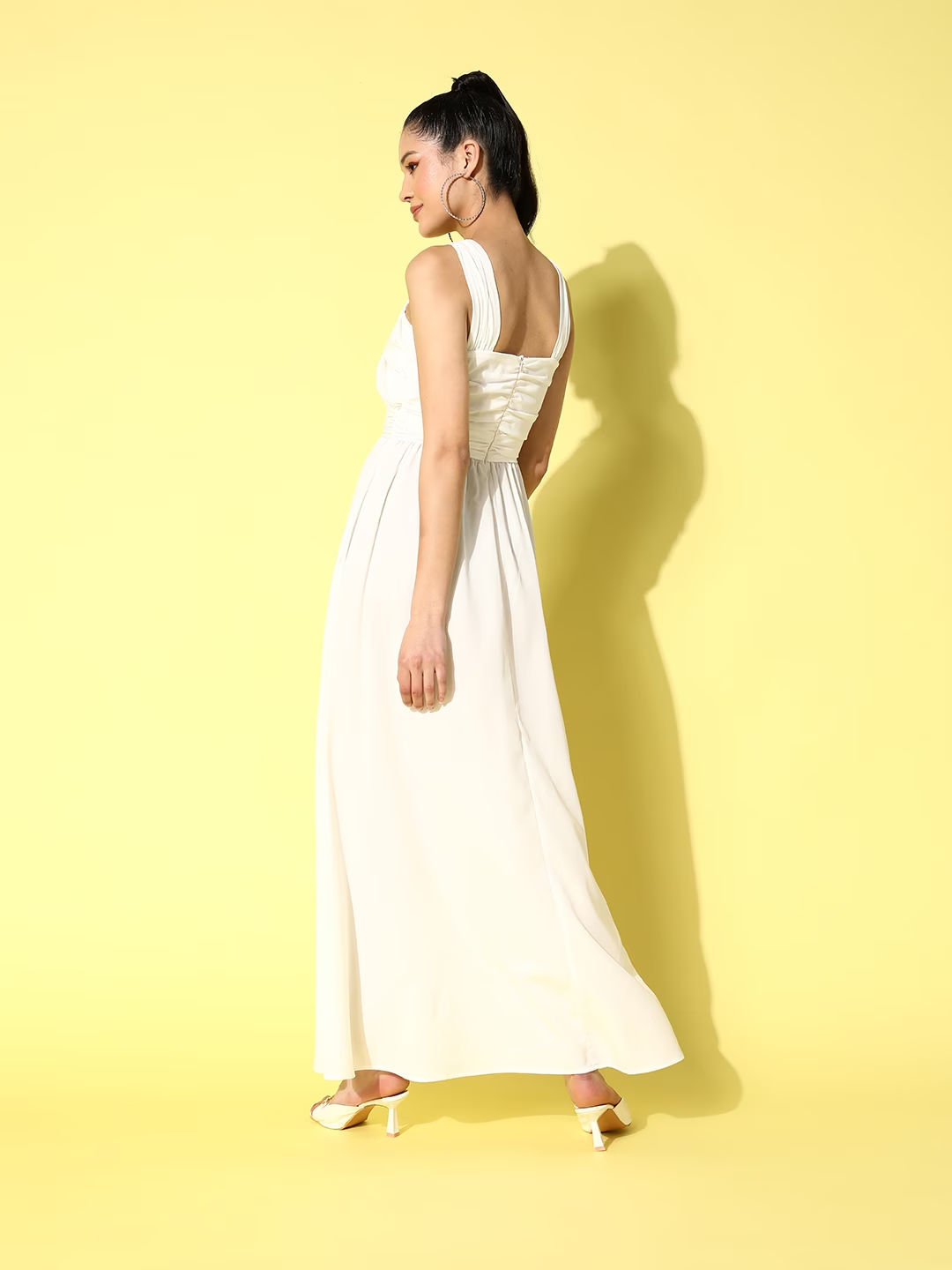 Berrylush Women Solid White V-Neck Criss-Cross Front Crepe Flared A-Line Maxi Dress