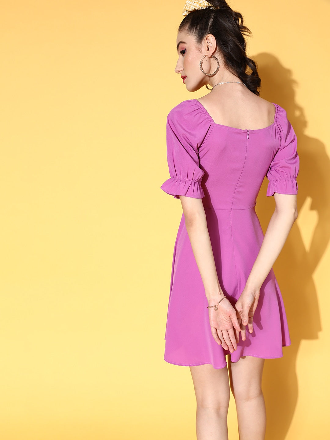 Berrylush Women Solid Purple Puff Sleeve Crepe Fit & Flare Mini Dress