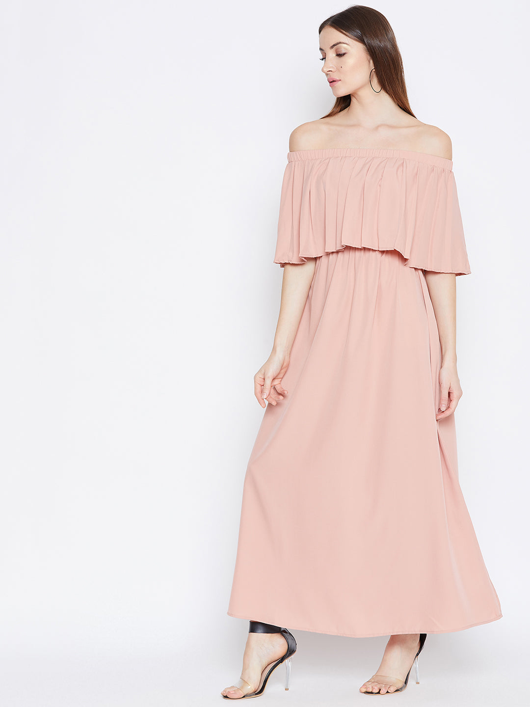 Berrylush Women Solid Pink Off-Shoulder Neck Cold-Shoulder Sleeves Flared Maxi Dress