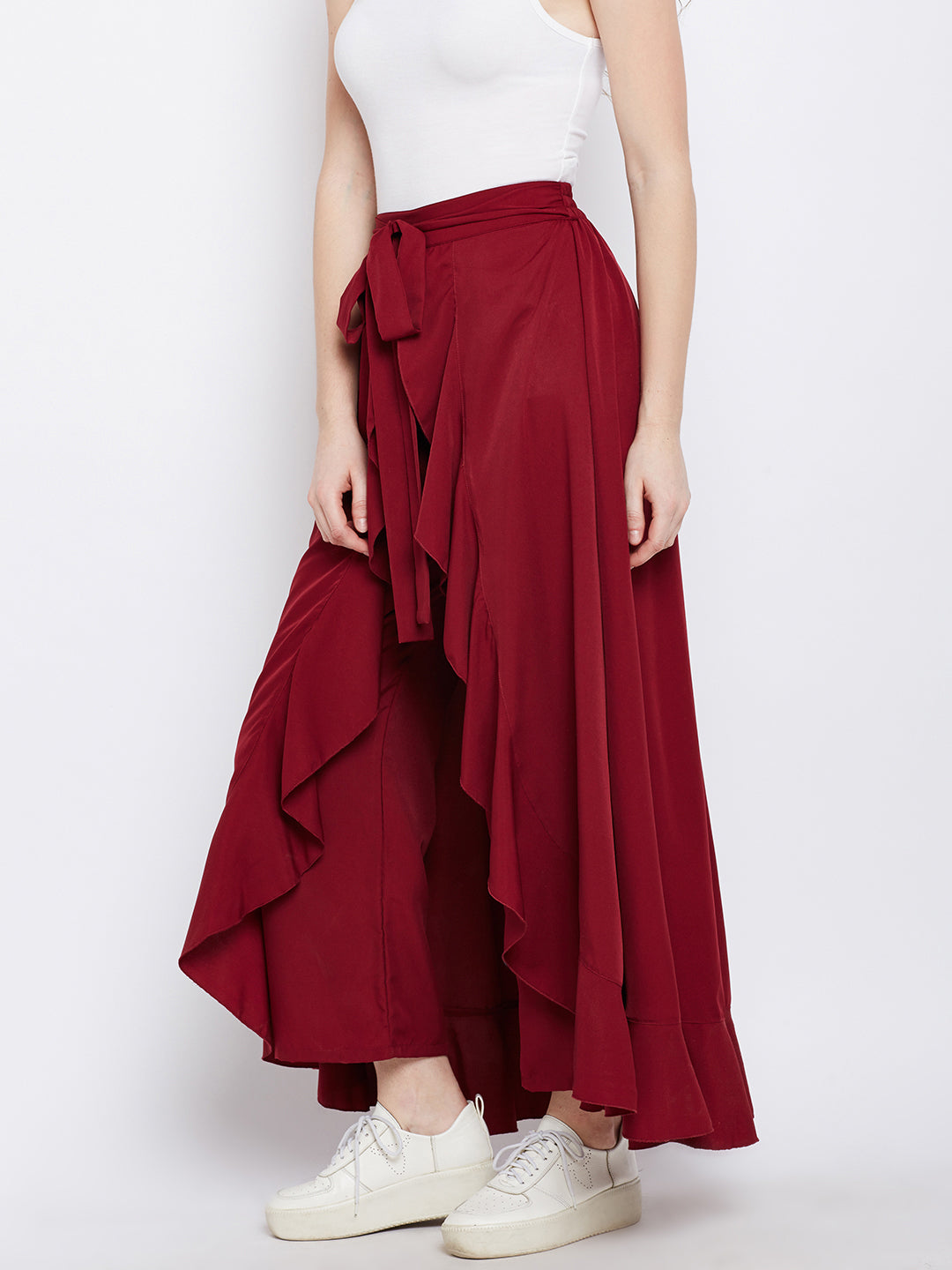 Maroon Solid  Ruffled Wrap Maxi Skirt with Attached Palazzo - Berrylush