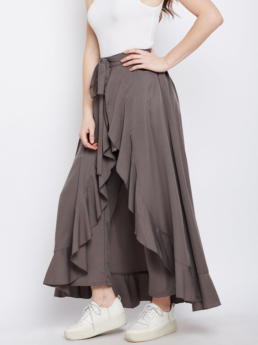 Grey Solid Ruffled Wrap Maxi Skirt with Attached Palazzo - Berrylush