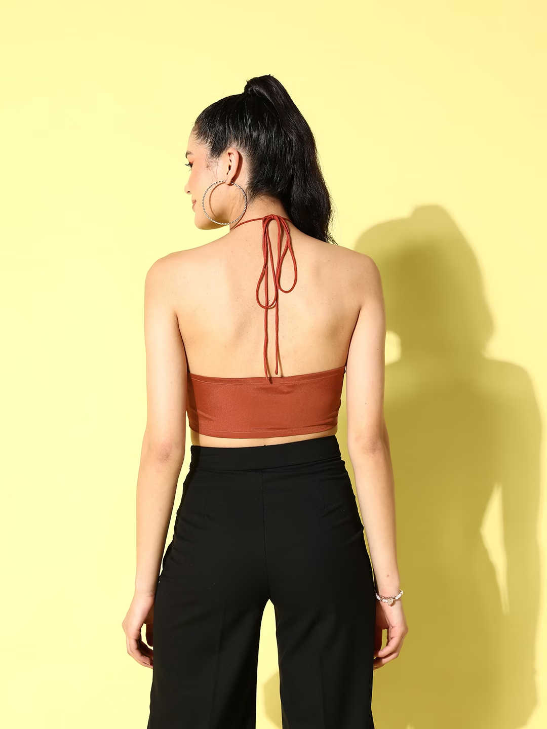 Berrylush Women Solid Brown Off-Shoulder Neck Front Cutout Satin Bralette Cropped Top