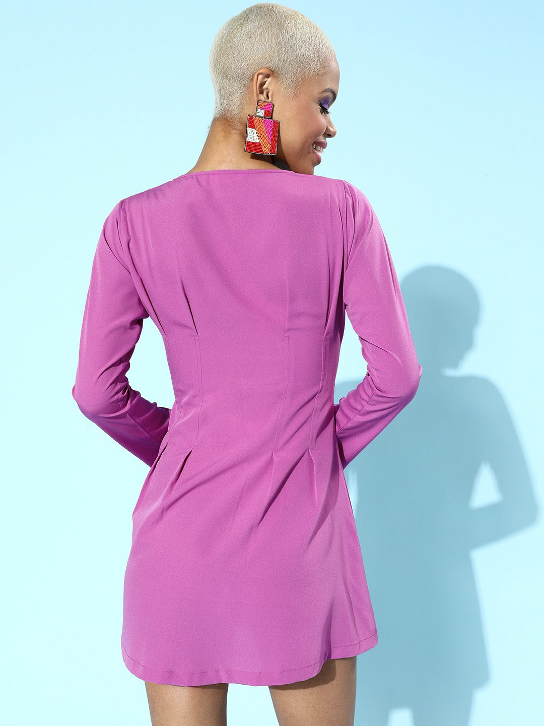 Berrylush Women Solid Purple V-Neck Front Button-Up Flared Mini Shirt Dress