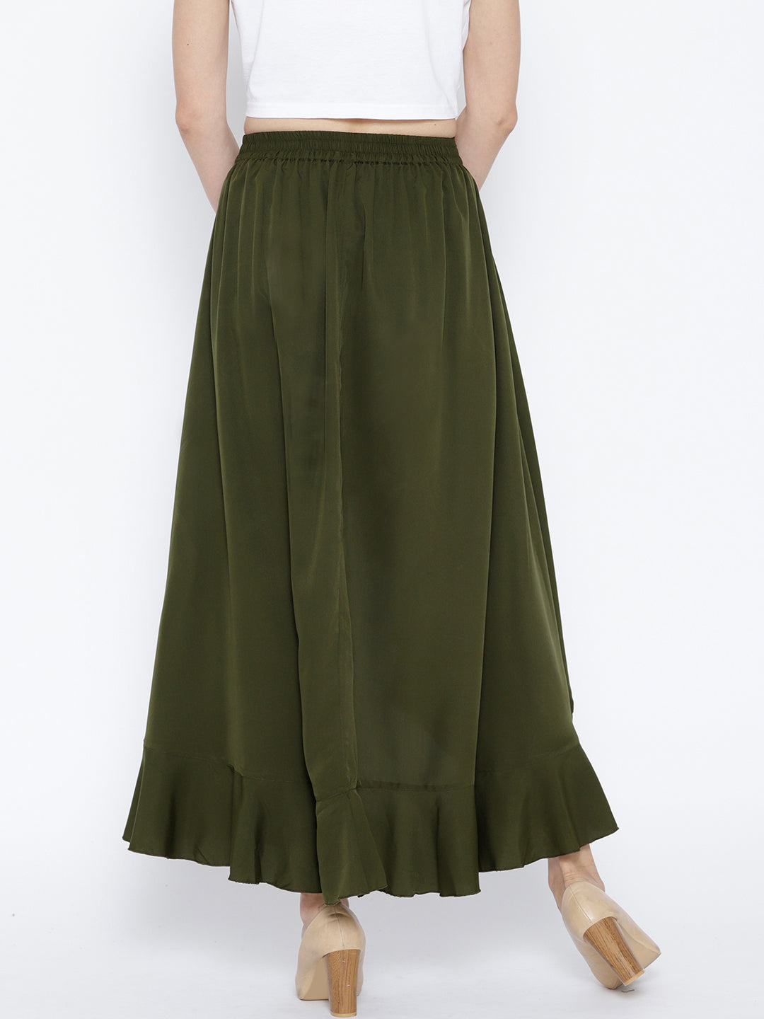 Olive Green Solid Ruffled Flared Maxi Skirt with Attached Trousers - Berrylush