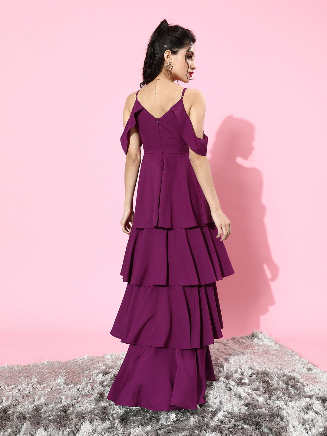 Berrylush Women Solid Purple V-Neck Crepe Layered Maxi Dress