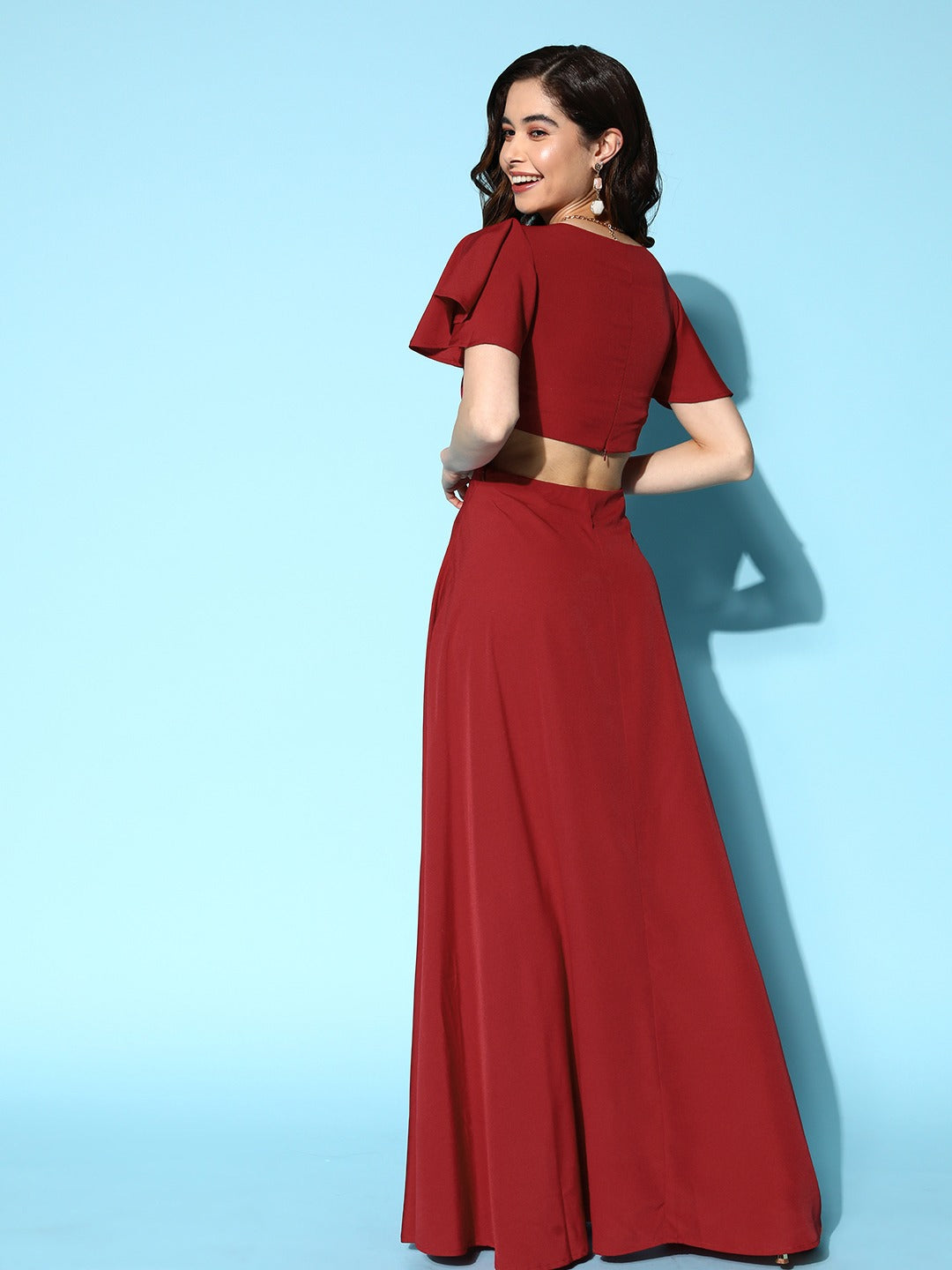 Berrylush Women Maroon Solid Round Neck Cutout Crepe Thigh-High Slit Fit & Flare Maxi Dress