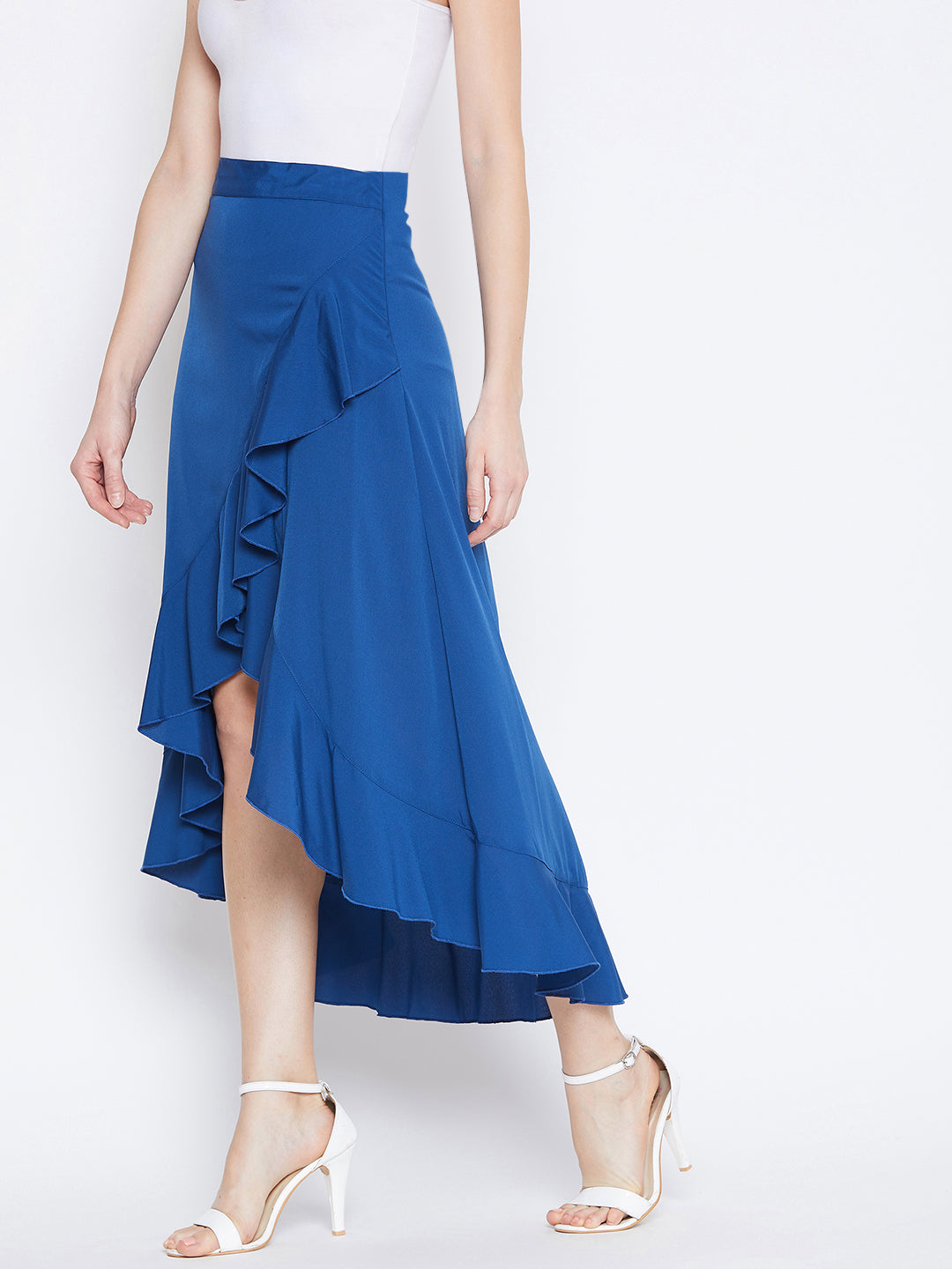 Berrylush Women Solid Blue Asymmetrical Hem Crepe Ruffled Wrap Midi Skirt
