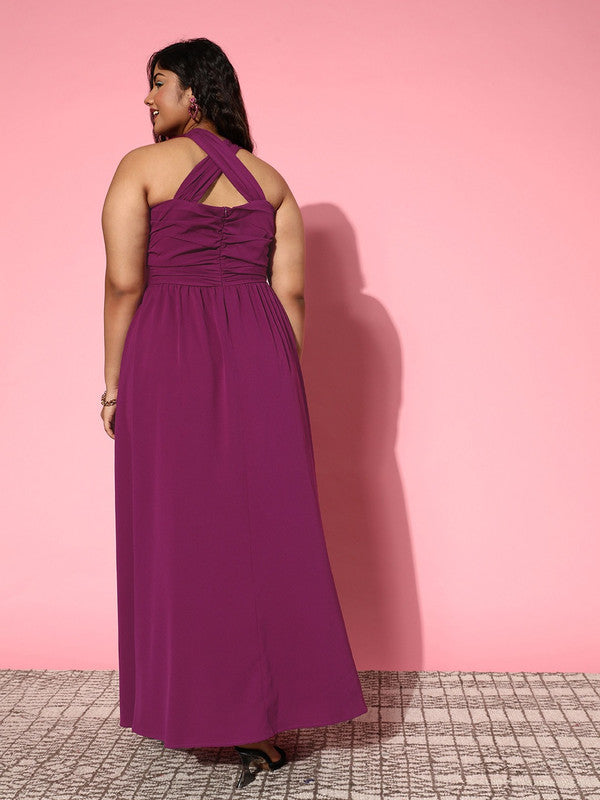 Women Plus Size Solid Purple Halter Neck Sleeveless Front Cutout Flared Maxi Dress - Berrylush Women Plus Size Solid Purple Halter Neck Sleeveless Front Cutout Flared Maxi Dress - Berrylush