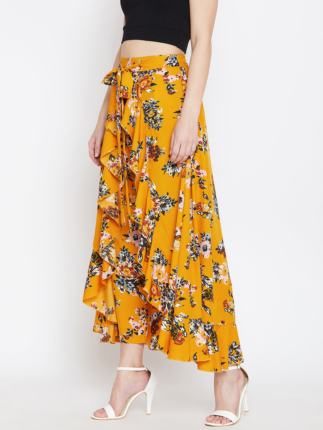 Mustard Yellow Printed Flared Maxi Skirt - Berrylush