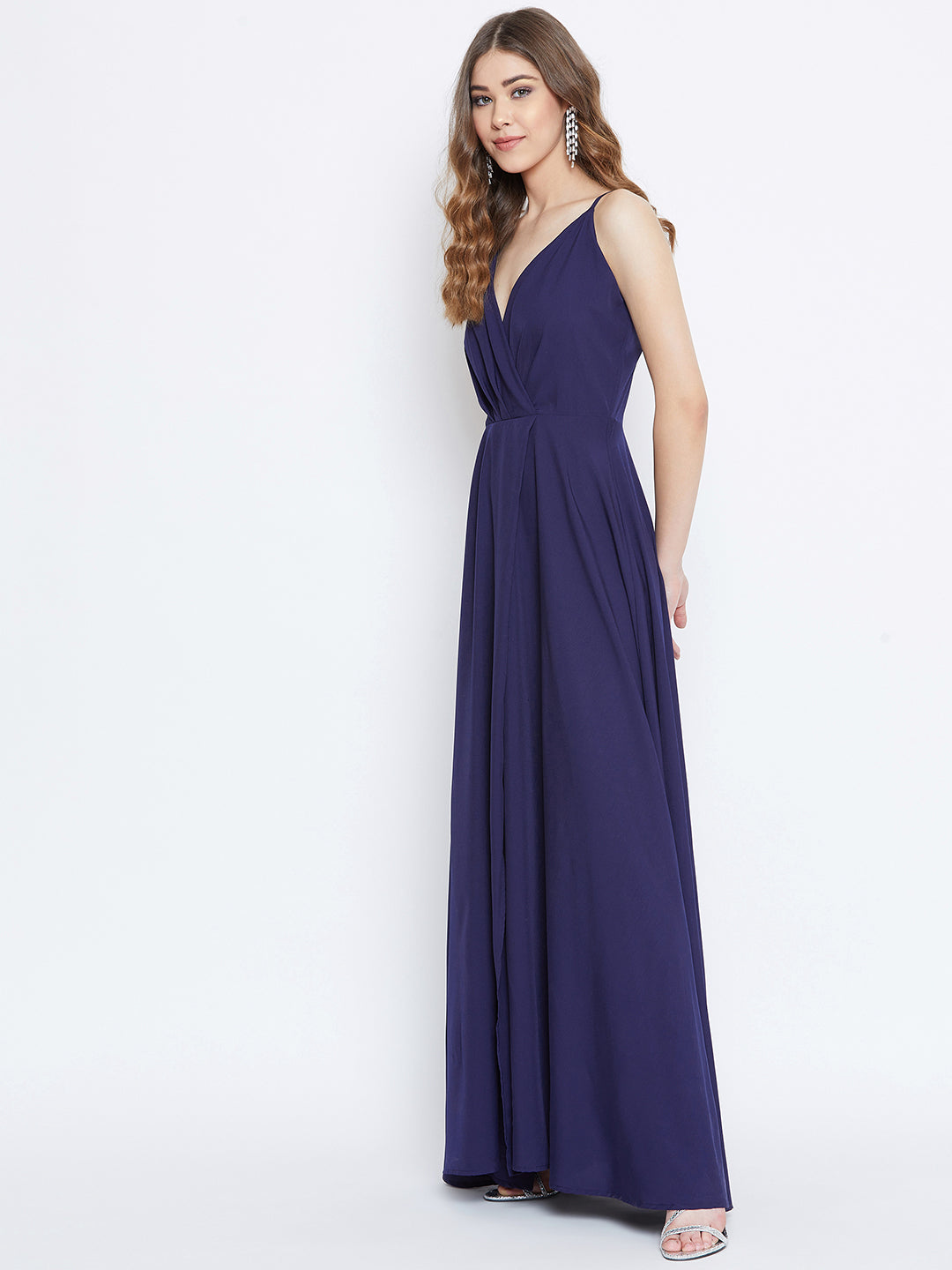 Berrylush Women Solid Navy Blue V-Neck Thigh-High Slit Fit & Flare Maxi Dress
