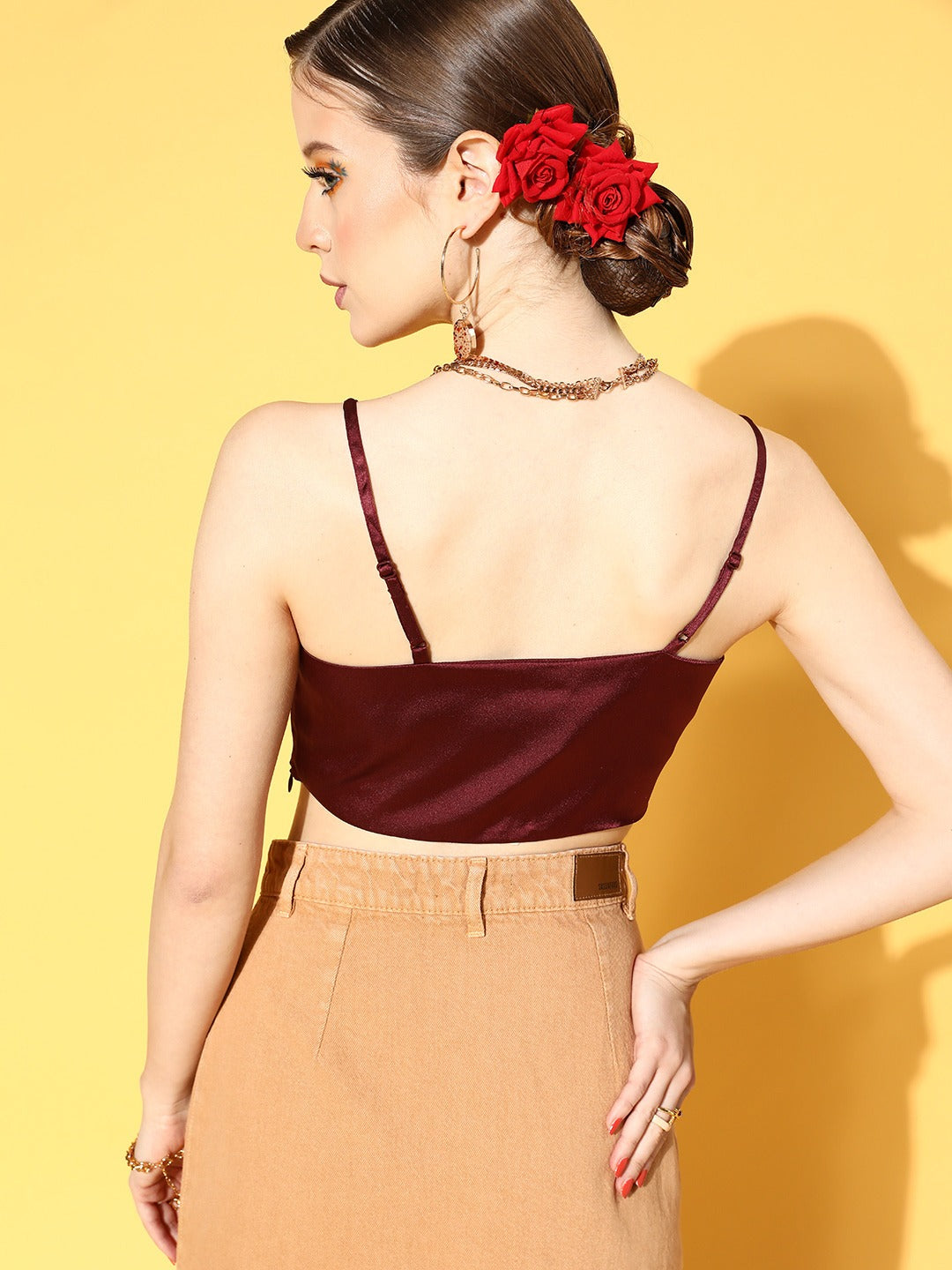 Berrylush Women Solid Brown Off-Shoulder Neck Front Cutout Satin Bralette  Cropped Top