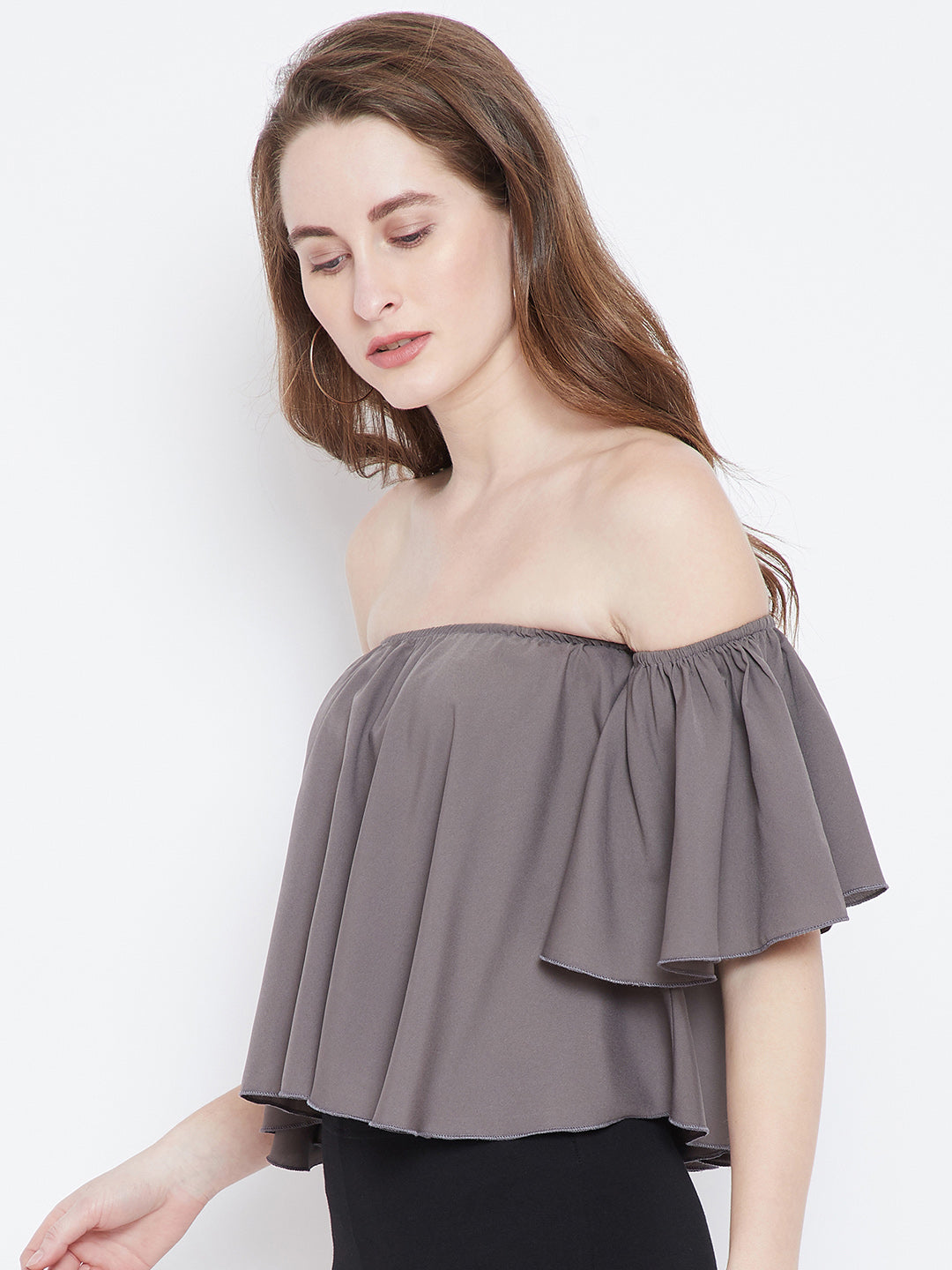 Berrylush Grey Solid Bardot Top - Berrylush